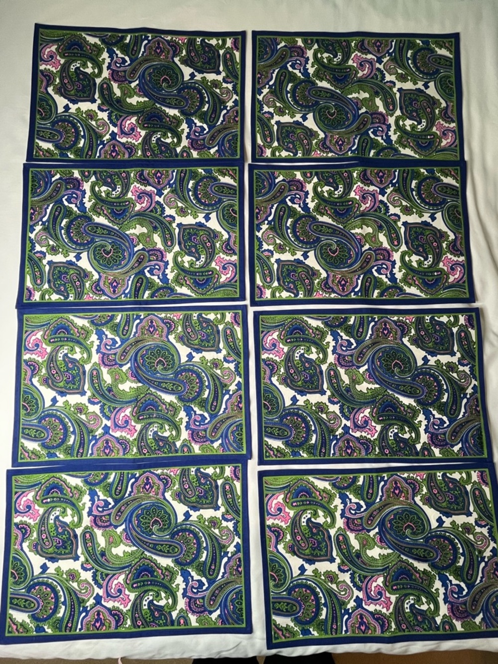 Vintage Pomegranate Green & Blue Paisley Print Placemats. Set of 8